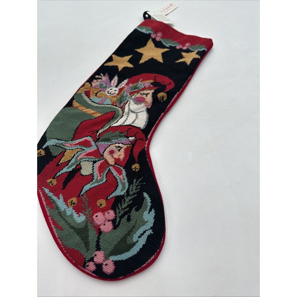 Vintage House Of Hatten Wool Needlepoint Christmas Stocking Santa With Toys Elf